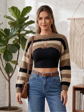 Striped Cutout Knit Crop Top - Black & Tan